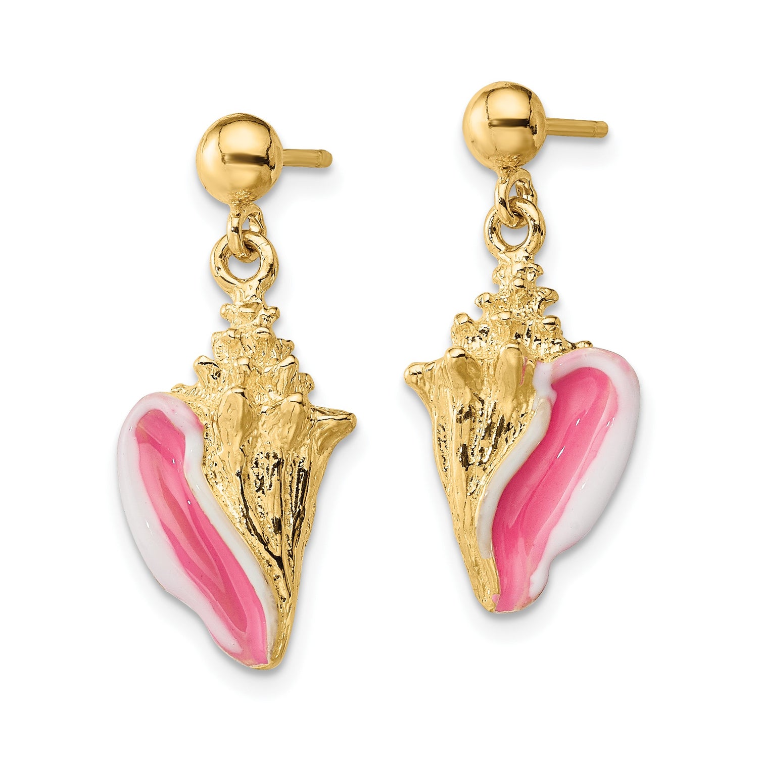14k Yellow Gold Conch Shell Dangle Earrings with Pink and White Enamel, Nautical Beach Style