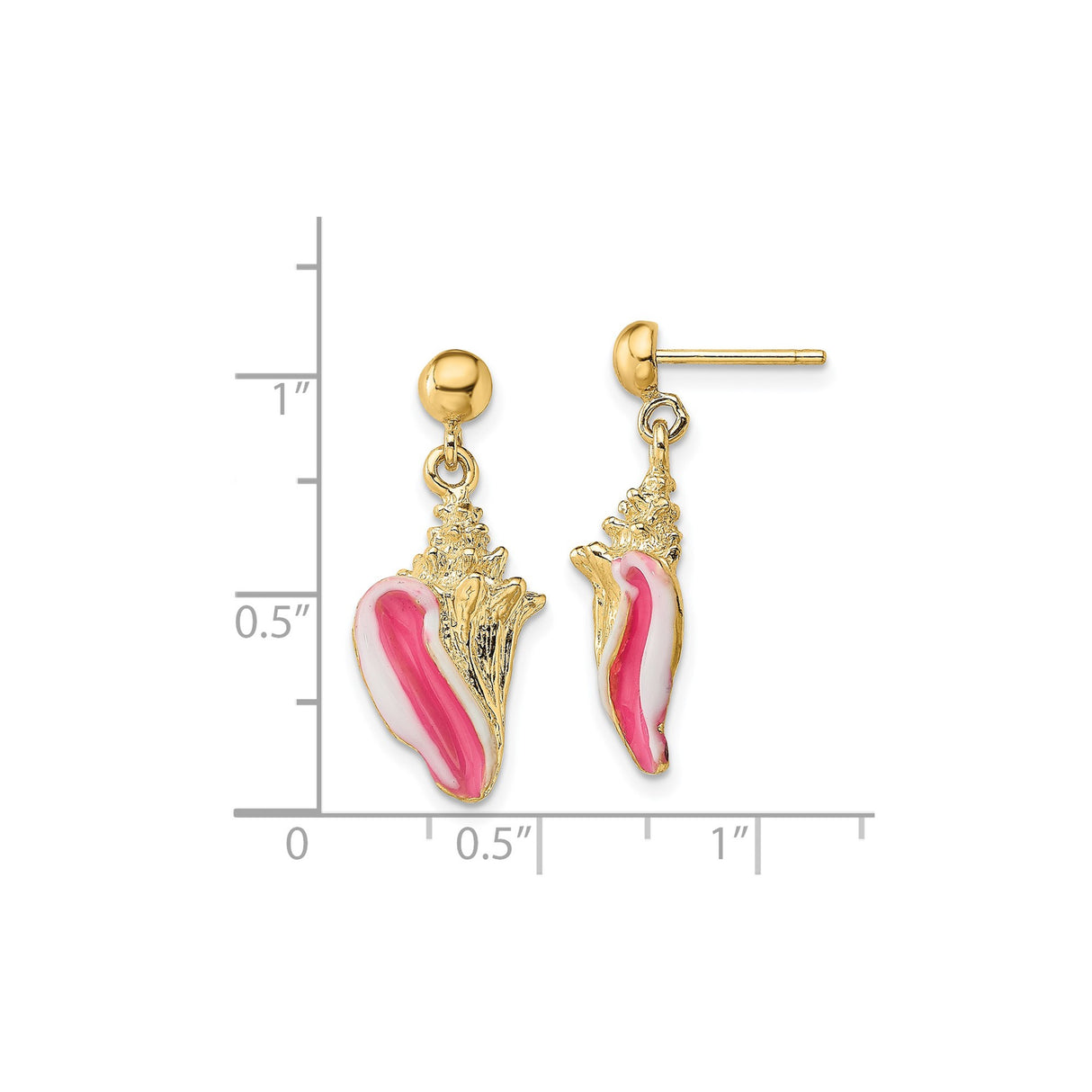 14k Yellow Gold Conch Shell Dangle Earrings with Pink and White Enamel, Nautical Beach Style
