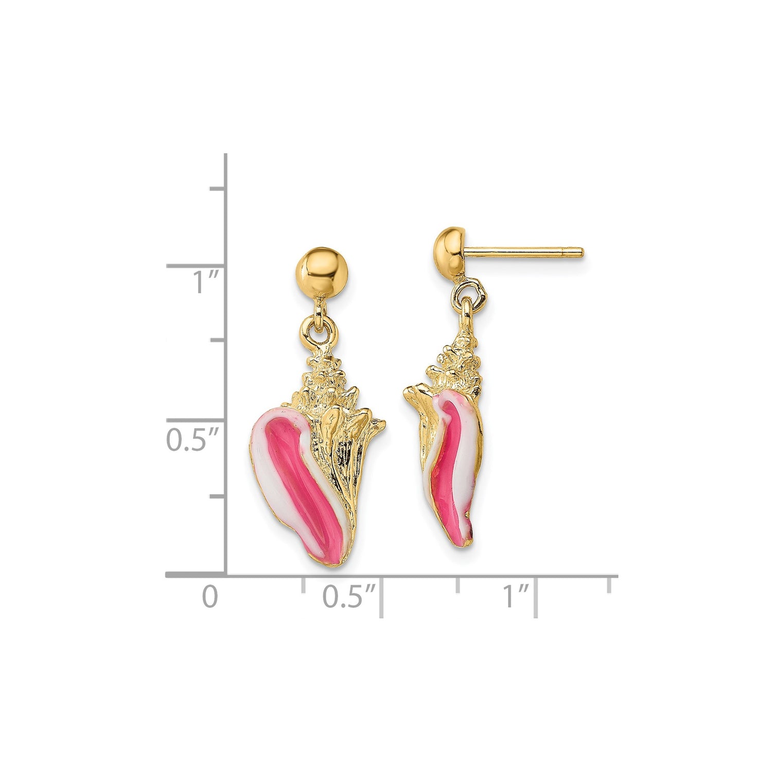 14k Yellow Gold Conch Shell Dangle Earrings with Pink and White Enamel, Nautical Beach Style