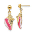 14k Yellow Gold Conch Shell Dangle Earrings with Pink and White Enamel, Nautical Beach Style