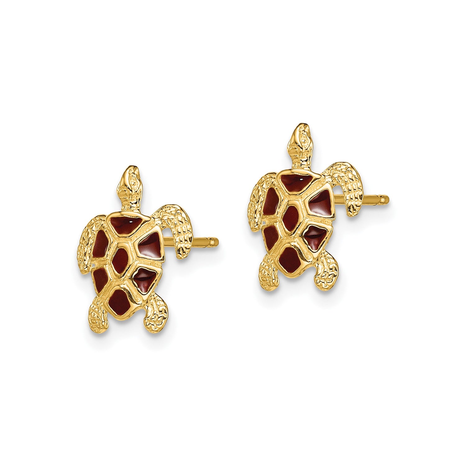 14k Yellow Gold Sea Turtle Stud Earrings with Brown Enamel Shell Detail
