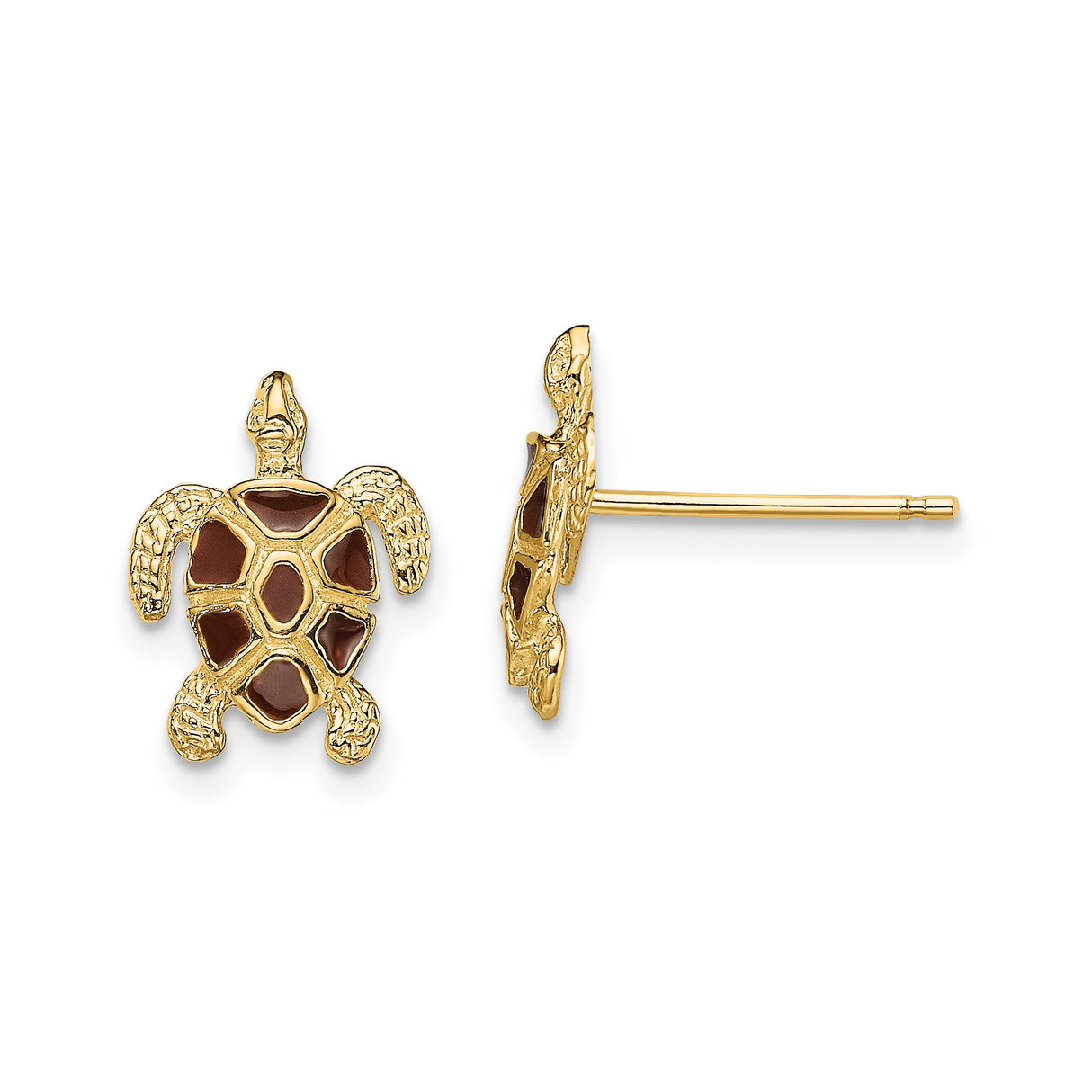 14k Yellow Gold Sea Turtle Stud Earrings with Brown Enamel Shell Detail