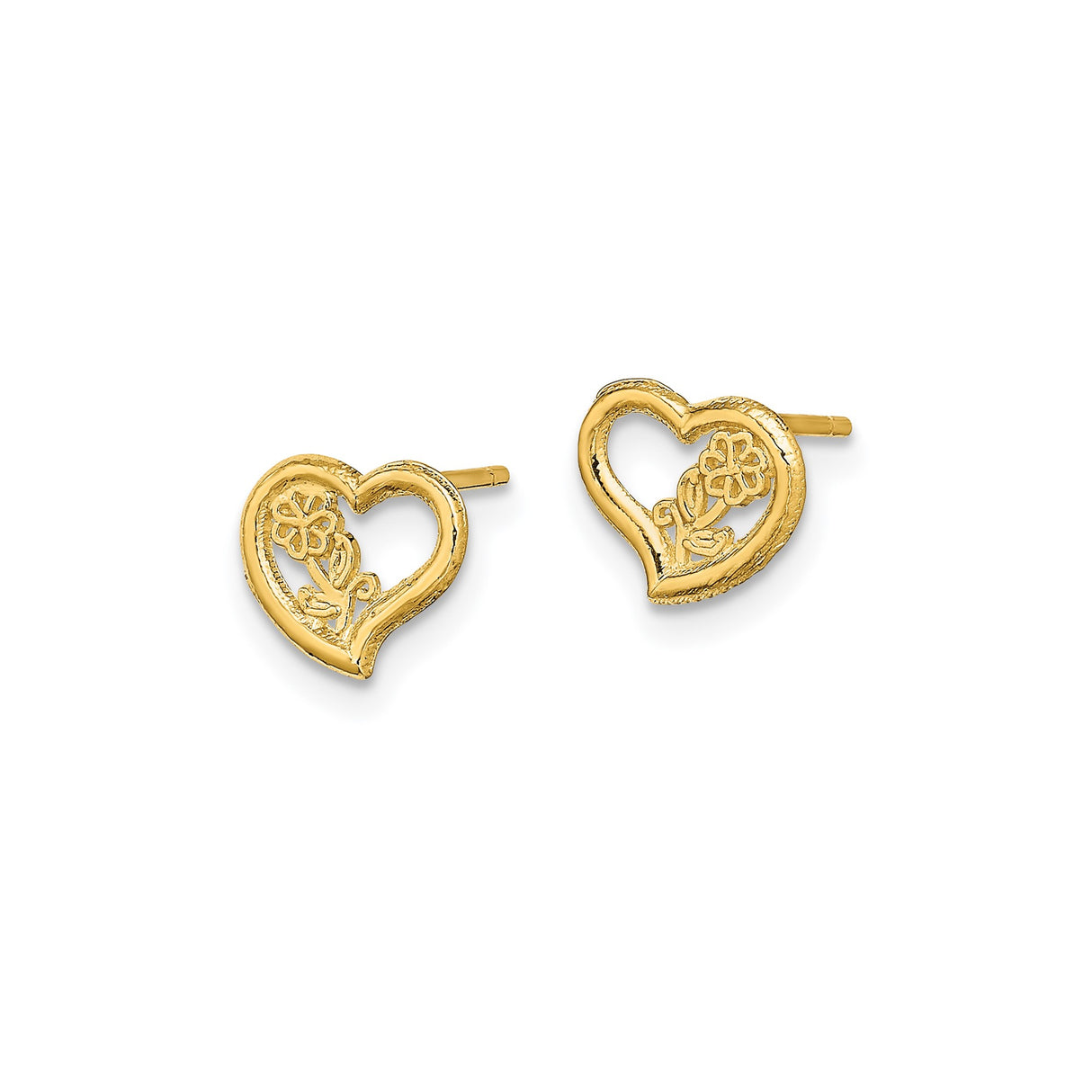 14k Yellow Gold Heart Stud Earrings with Openwork Floral Design for Women