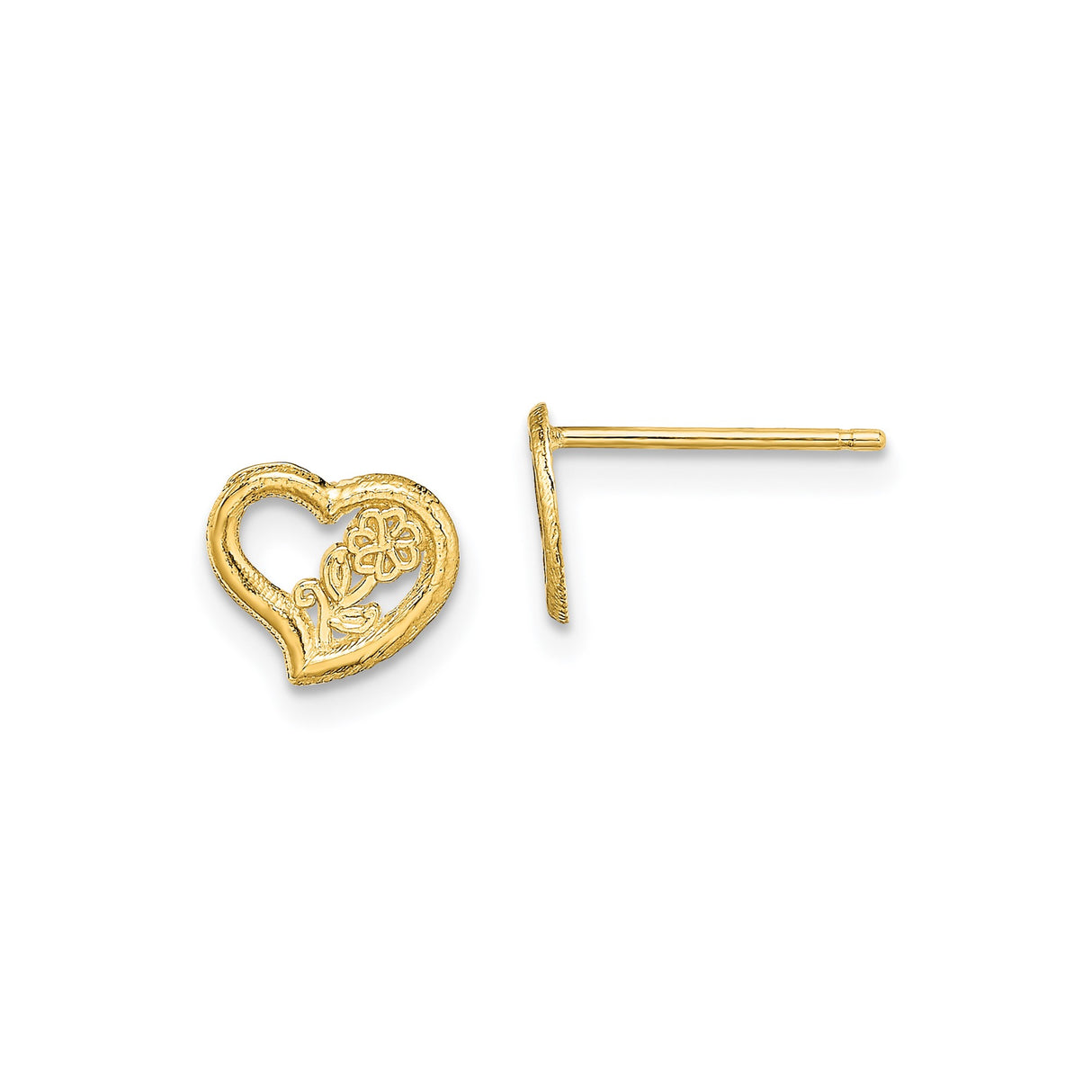 14k Yellow Gold Heart Stud Earrings with Openwork Floral Design for Women