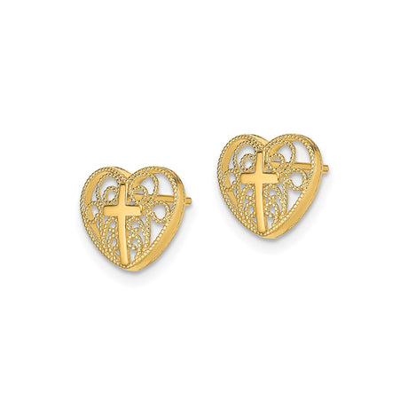 14k Yellow Gold Heart Stud Earrings with Openwork Cross Design for Women