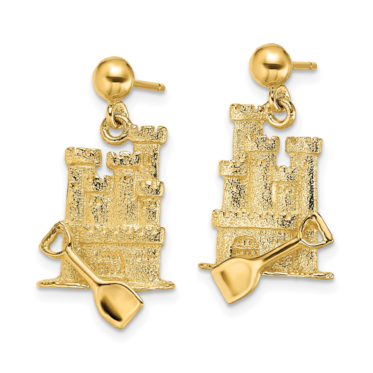 14k Yellow Gold Dangle Earrings with 3D Sandcastle and Shovel Design, Nautical Theme
