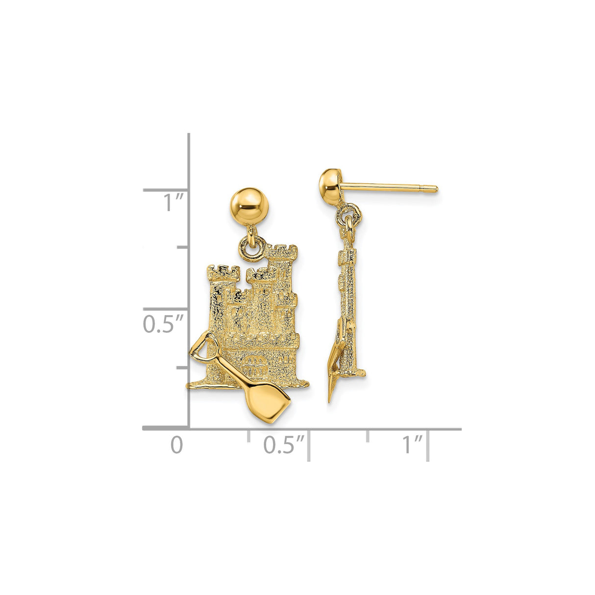 14k Yellow Gold Dangle Earrings with 3D Sandcastle and Shovel Design, Nautical Theme