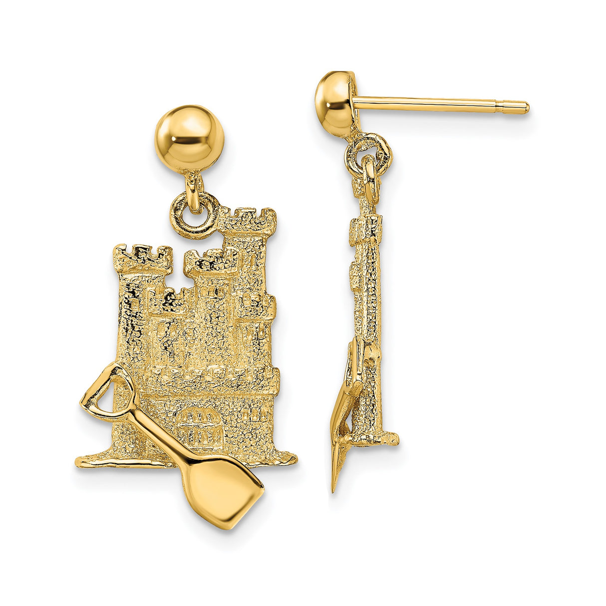 14k Yellow Gold Dangle Earrings with 3D Sandcastle and Shovel Design, Nautical Theme