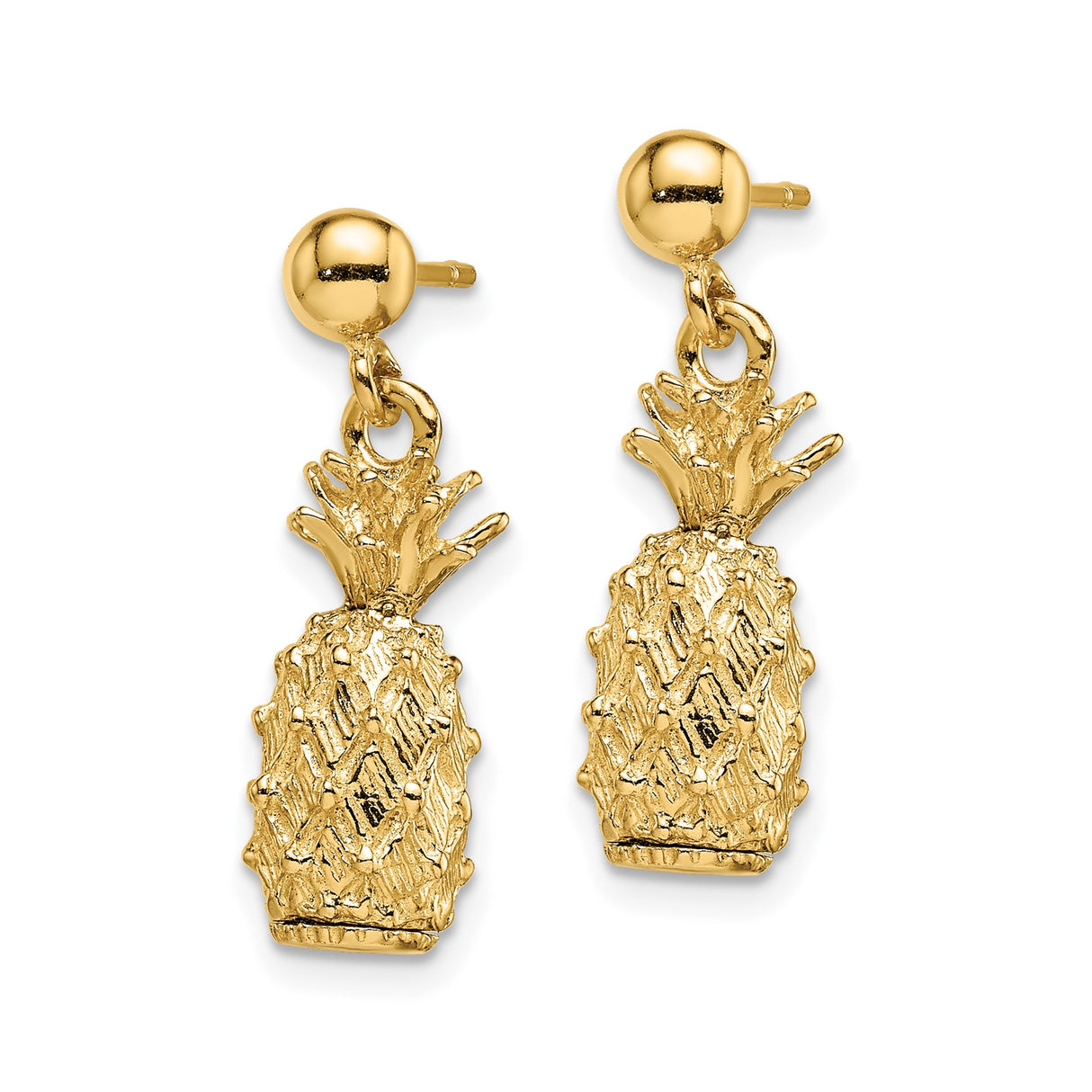 14k Yellow Gold Pineapple Dangle Earrings with Detailed Tropical Fruit Design for Women