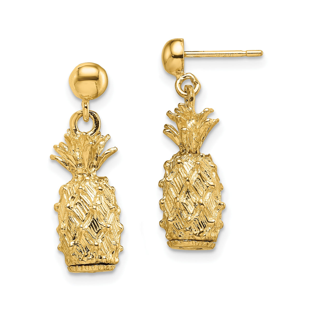 14k Yellow Gold Pineapple Dangle Earrings with Detailed Tropical Fruit Design for Women