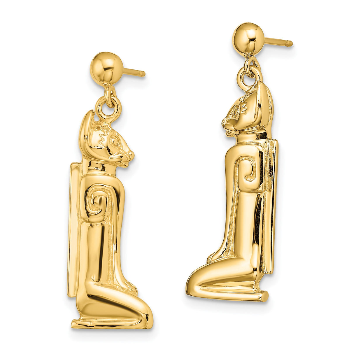 14k Yellow Gold Dangle Earrings with Bastet Cat Goddess Design, Egyptian Spiritual Jewelry