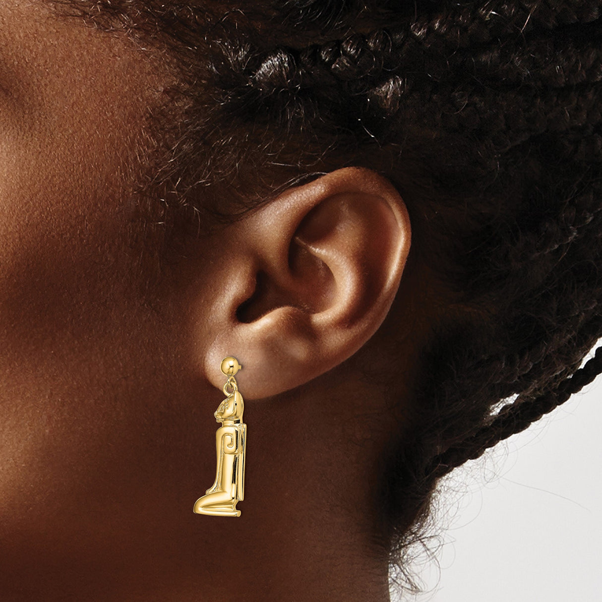 14k Yellow Gold Dangle Earrings with Bastet Cat Goddess Design, Egyptian Spiritual Jewelry