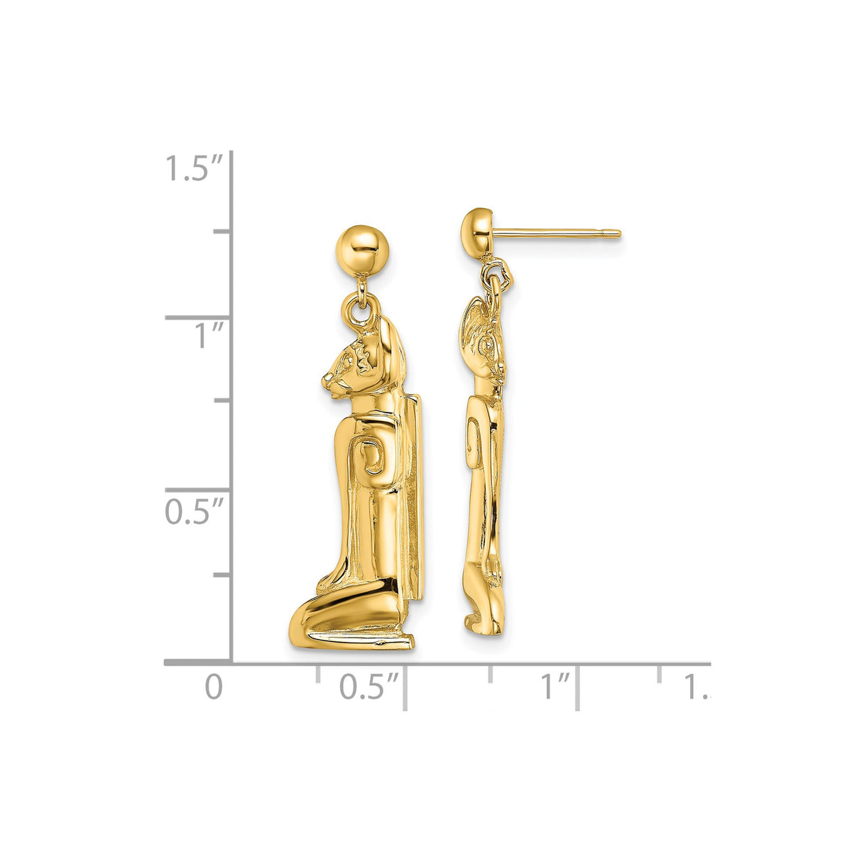 14k Yellow Gold Dangle Earrings with Bastet Cat Goddess Design, Egyptian Spiritual Jewelry