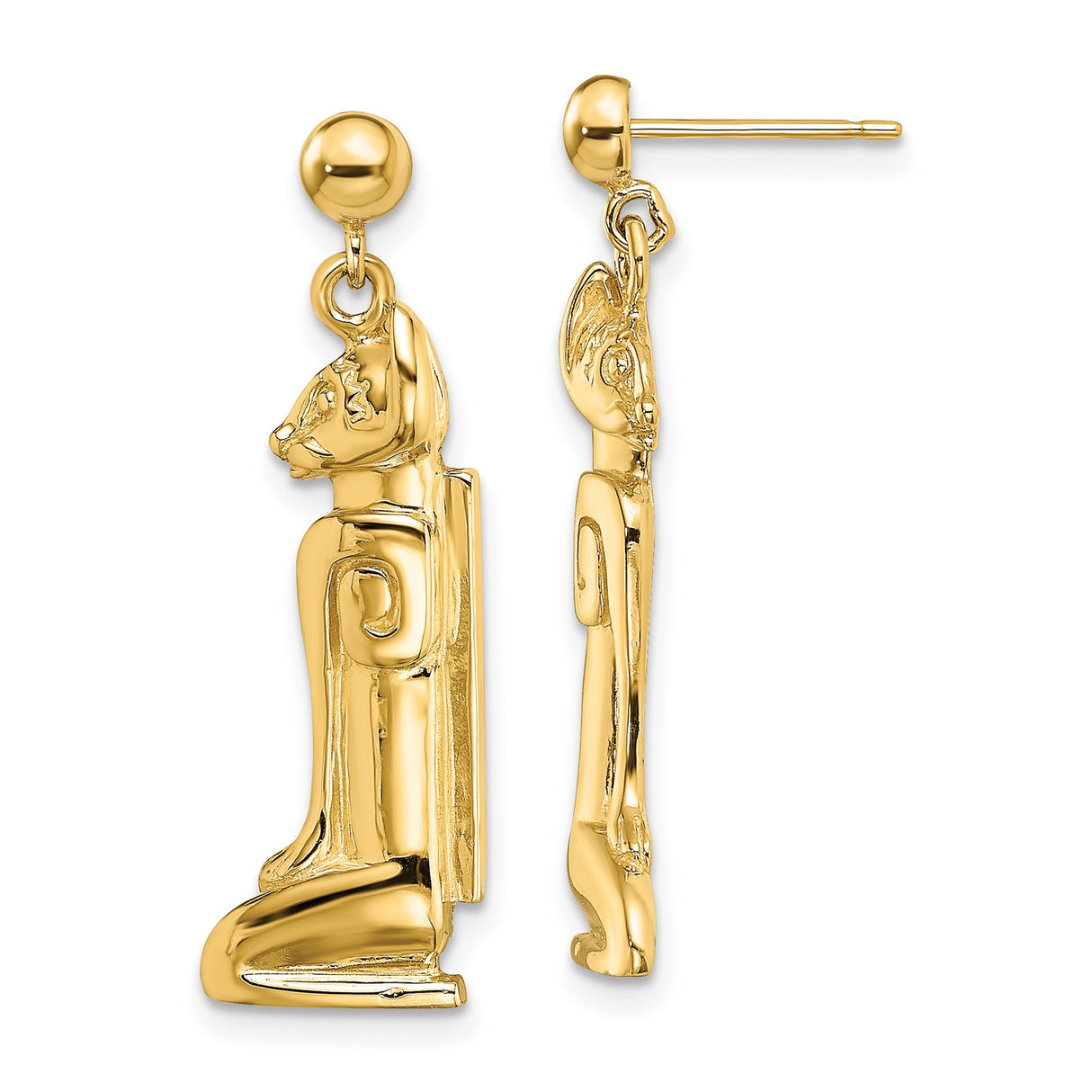 14k Yellow Gold Dangle Earrings with Bastet Cat Goddess Design, Egyptian Spiritual Jewelry
