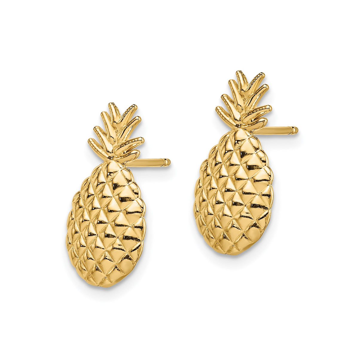 14k Yellow Gold Pineapple Stud Earrings, Textured Tropical Fruit Design for Women