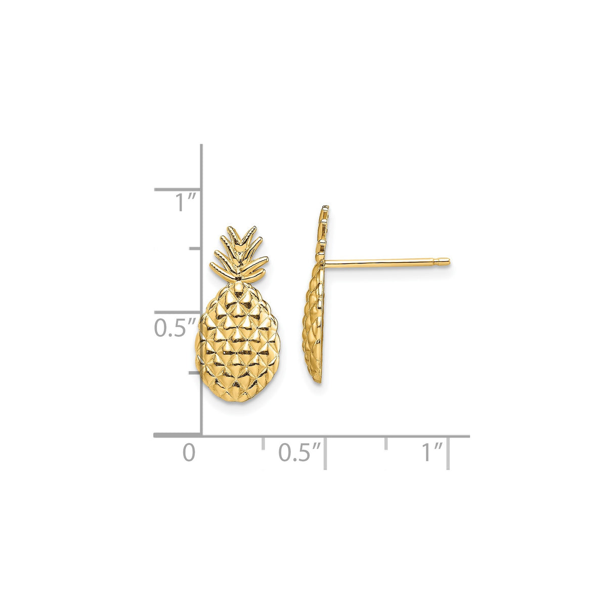 14k Yellow Gold Pineapple Stud Earrings, Textured Tropical Fruit Design for Women