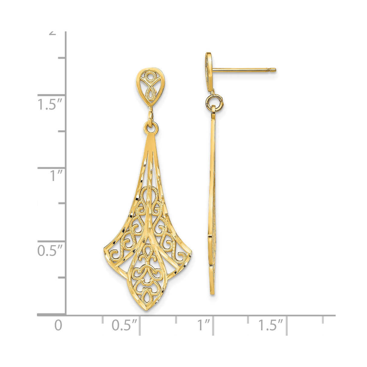 14k Yellow Gold Teardrop Dangle Earrings with Openwork Filigree, Heart and Floral Motif