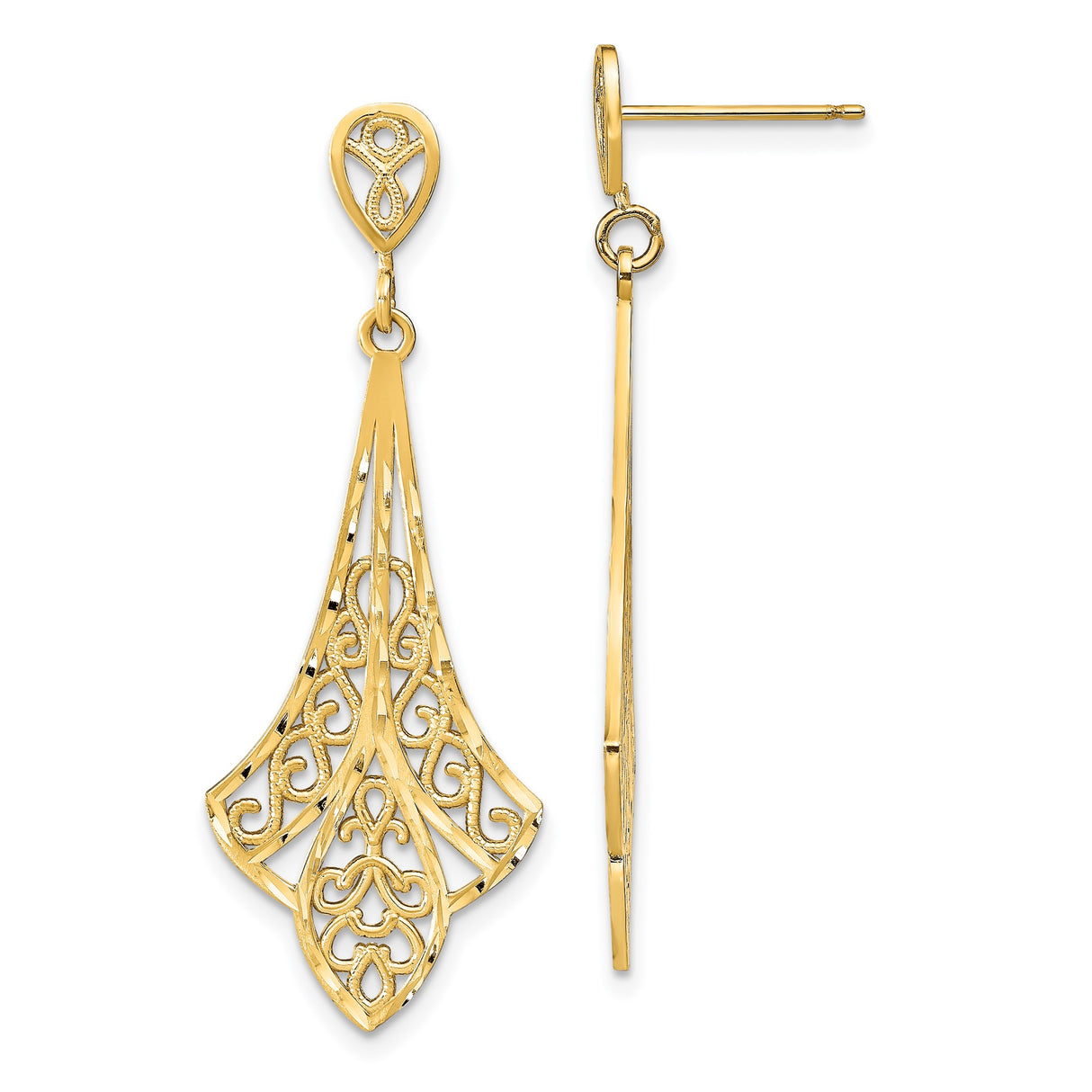 14k Yellow Gold Teardrop Dangle Earrings with Openwork Filigree, Heart and Floral Motif