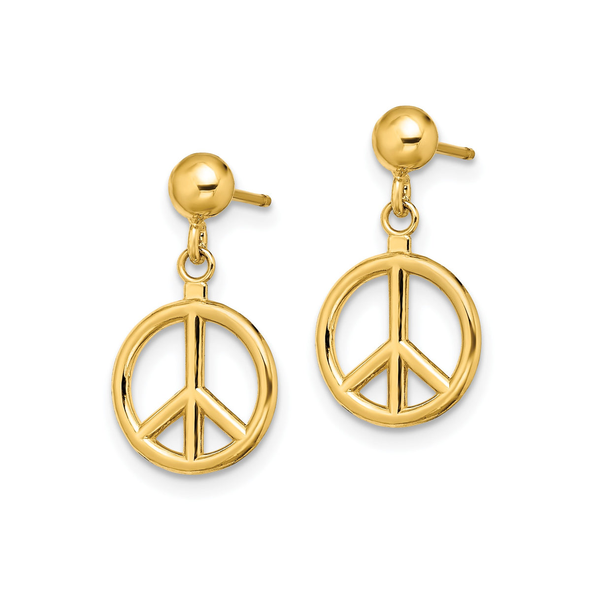 14k Yellow Gold Dangle Earrings with Peace Sign Charm, Retro Boho Style for Women