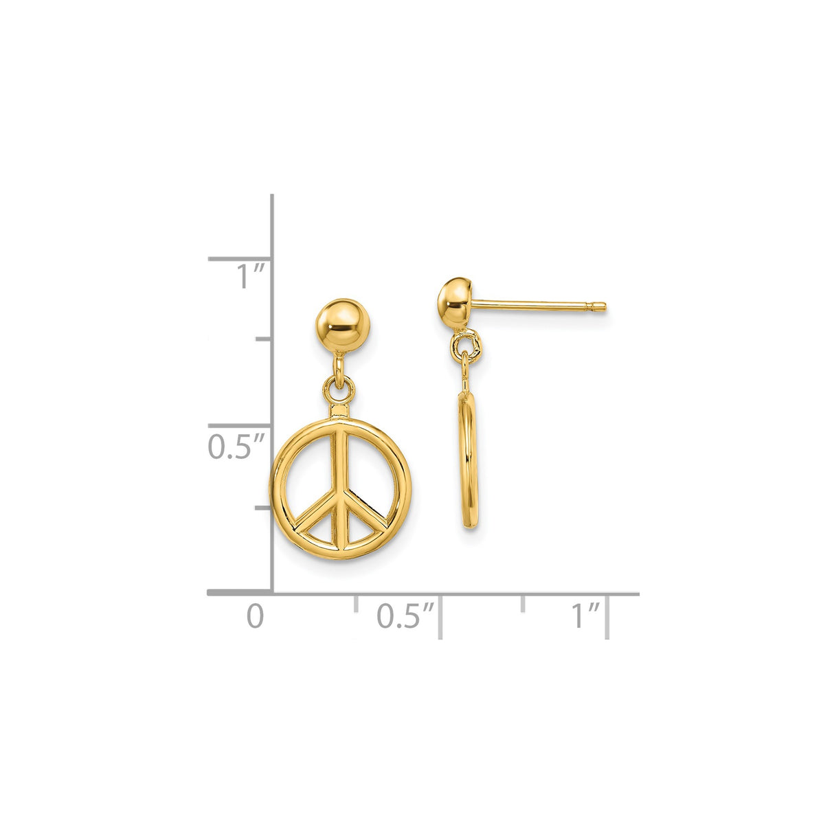 14k Yellow Gold Dangle Earrings with Peace Sign Charm, Retro Boho Style for Women