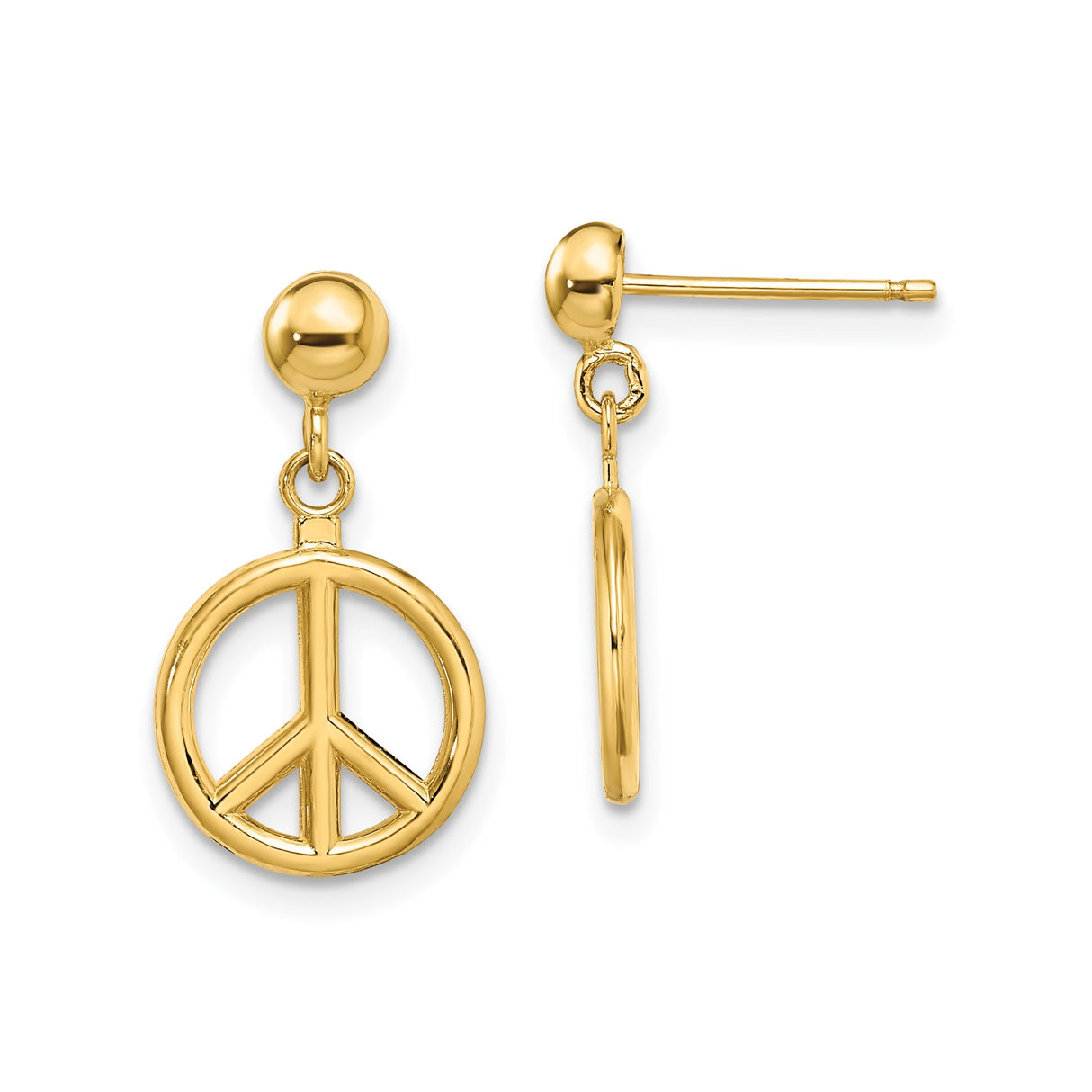 14k Yellow Gold Dangle Earrings with Peace Sign Charm, Retro Boho Style for Women