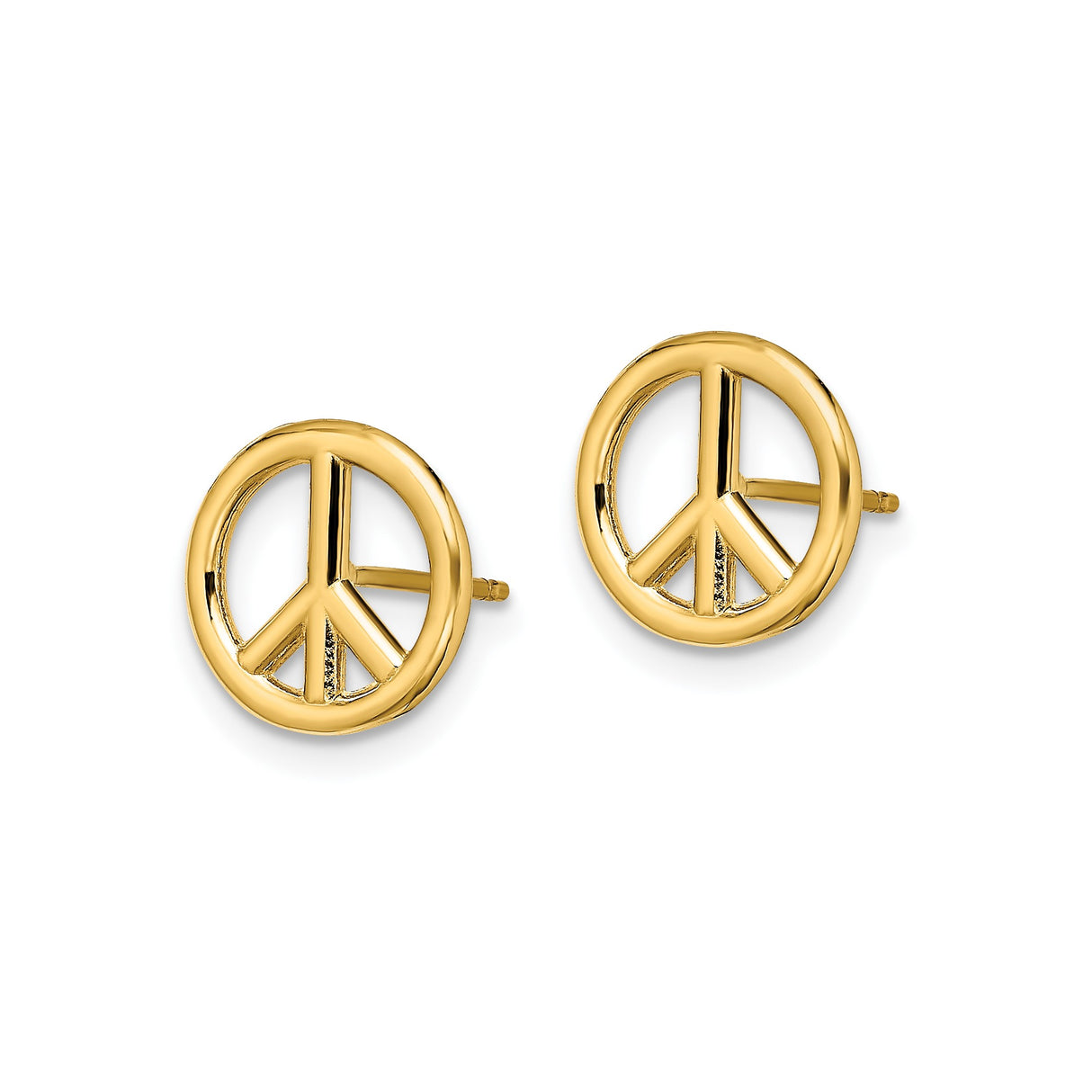 14k Yellow Gold Peace Symbol Stud Earrings, Minimalist Openwork Design for Women or Unisex
