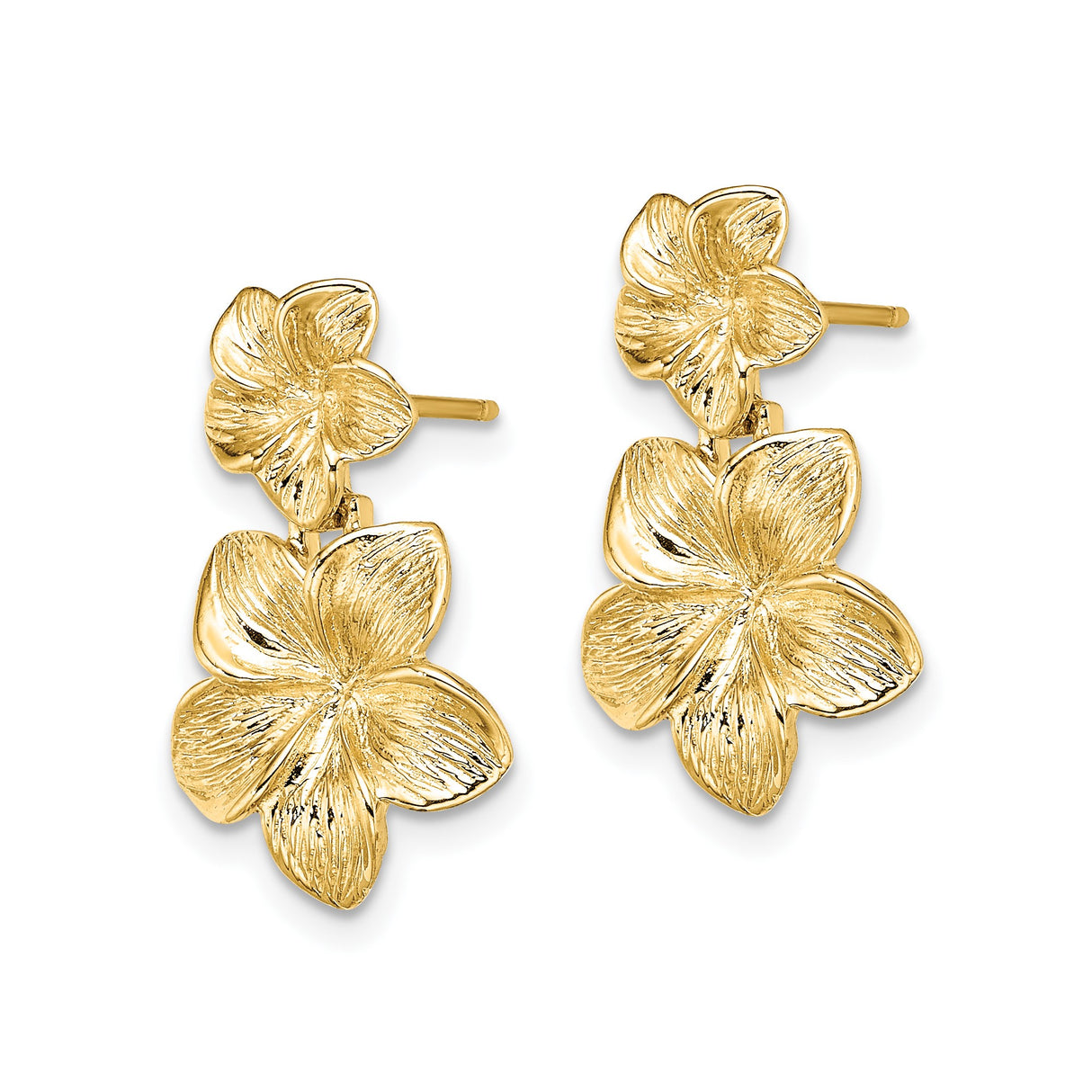 14k Yellow Gold Dangle Earrings with Double Plumeria Flower Design, Textured Finish, Botanical Style