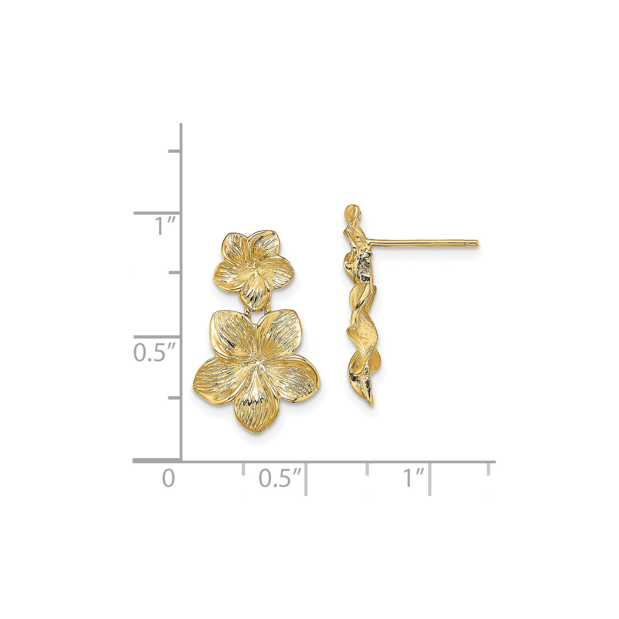 14k Yellow Gold Dangle Earrings with Double Plumeria Flower Design, Textured Finish, Botanical Style