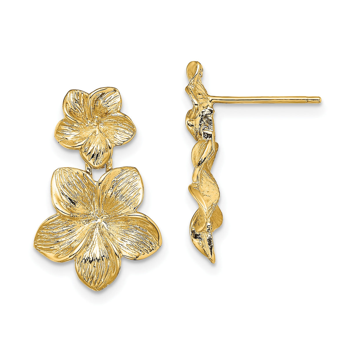 14k Yellow Gold Dangle Earrings with Double Plumeria Flower Design, Textured Finish, Botanical Style