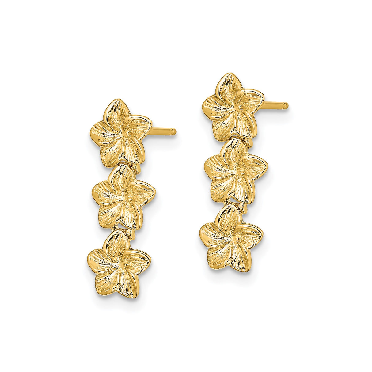 14k Yellow Gold Floral Stud Earrings with Vertical Trio Plumeria Flowers