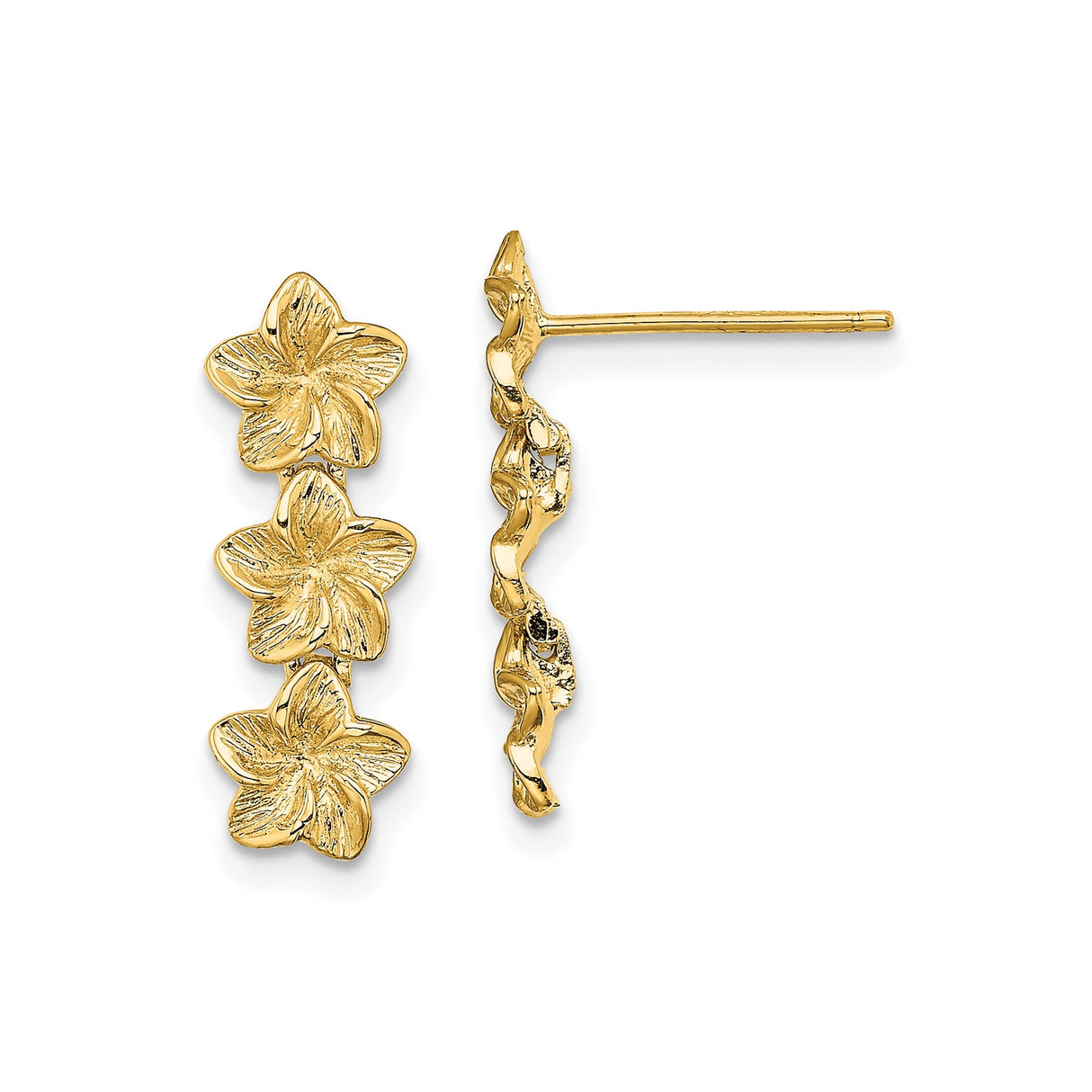 14k Yellow Gold Floral Stud Earrings with Vertical Trio Plumeria Flowers