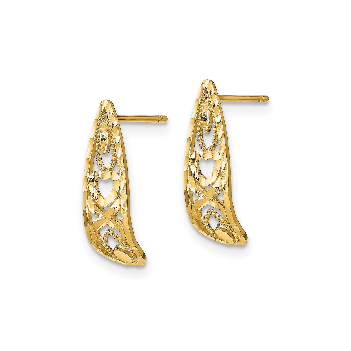 14k Yellow Gold Dangle Earrings with Hammered Finish, Openwork Heart and Teardrop Design