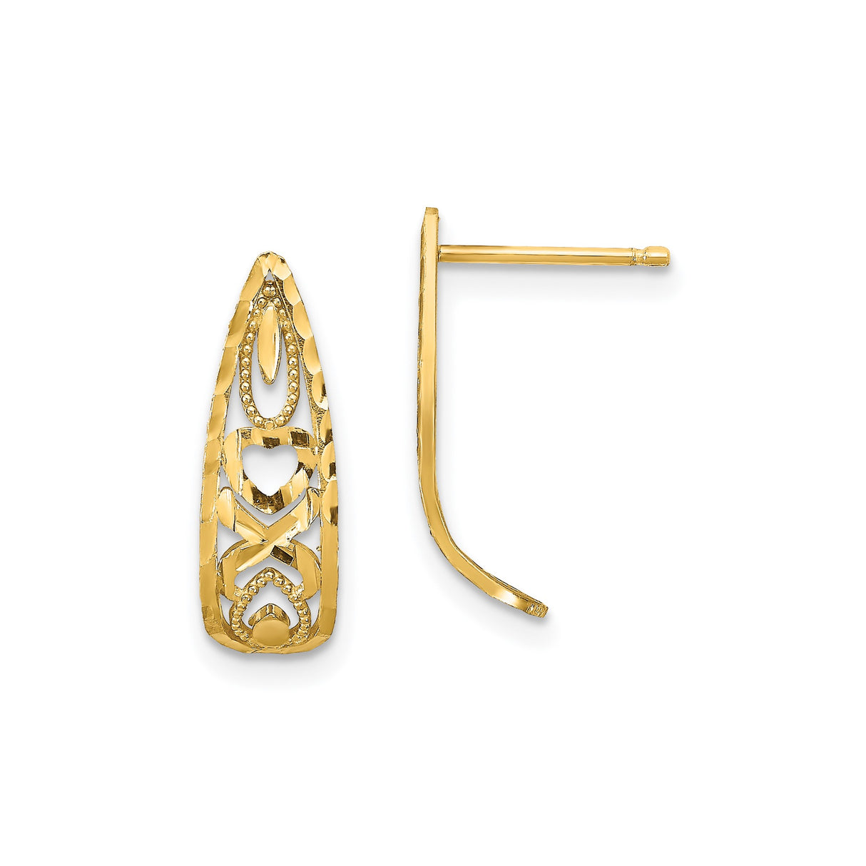 14k Yellow Gold Dangle Earrings with Hammered Finish, Openwork Heart and Teardrop Design