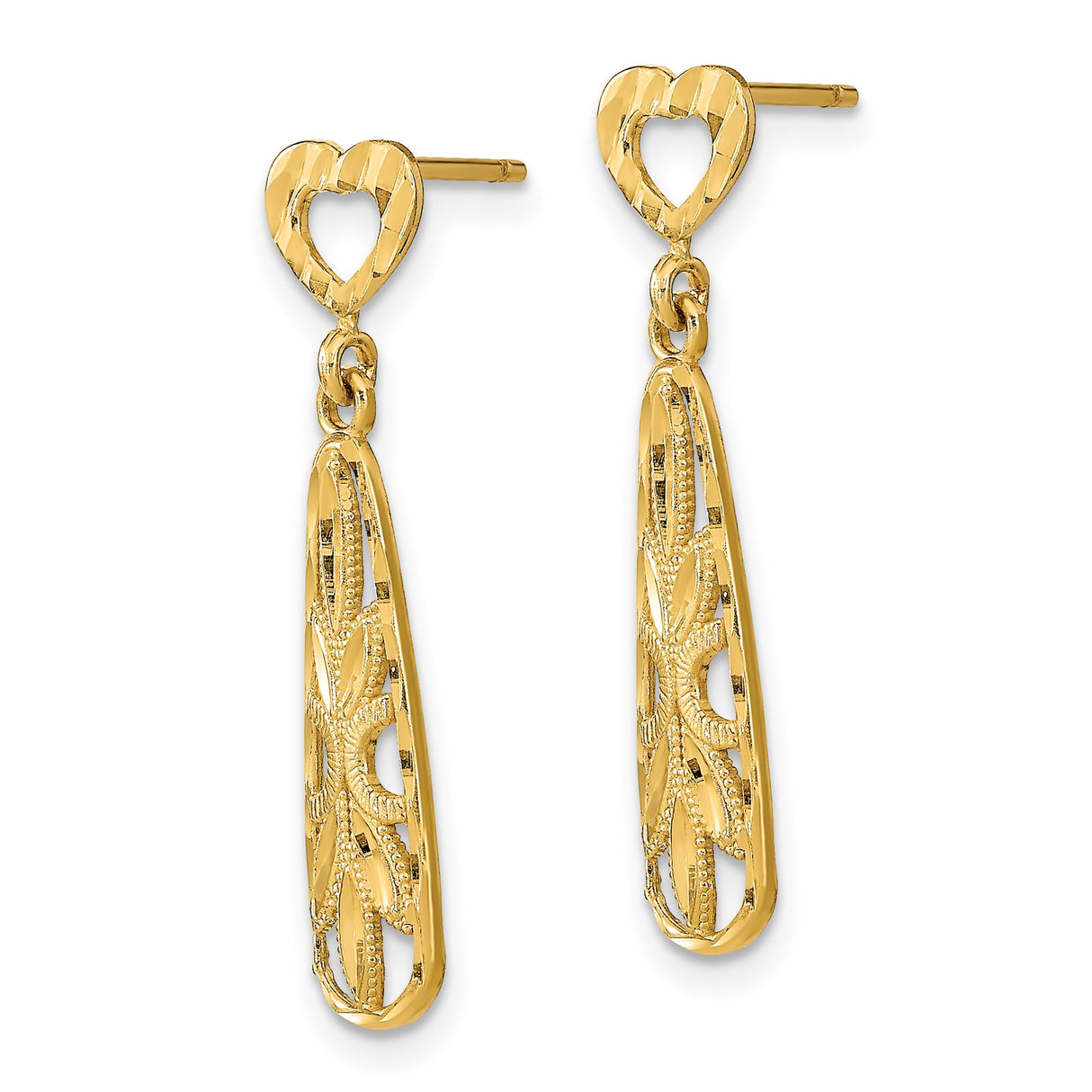 14k Yellow Gold Dangle Earrings with Cutout Heart Post and Floral Filigree Teardrop Design