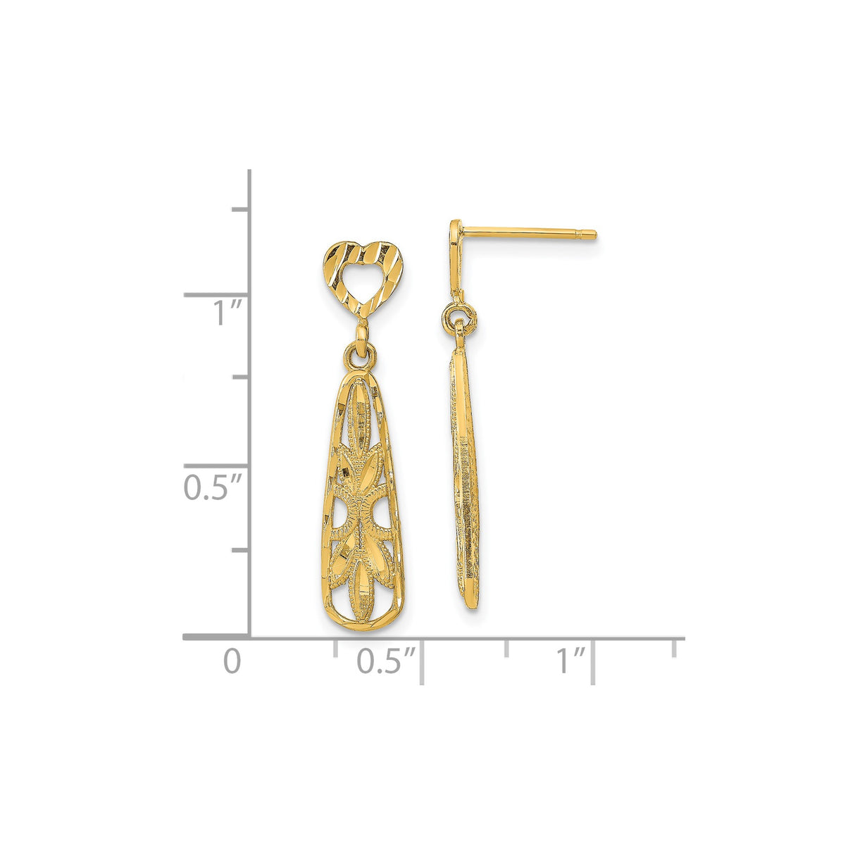 14k Yellow Gold Dangle Earrings with Cutout Heart Post and Floral Filigree Teardrop Design