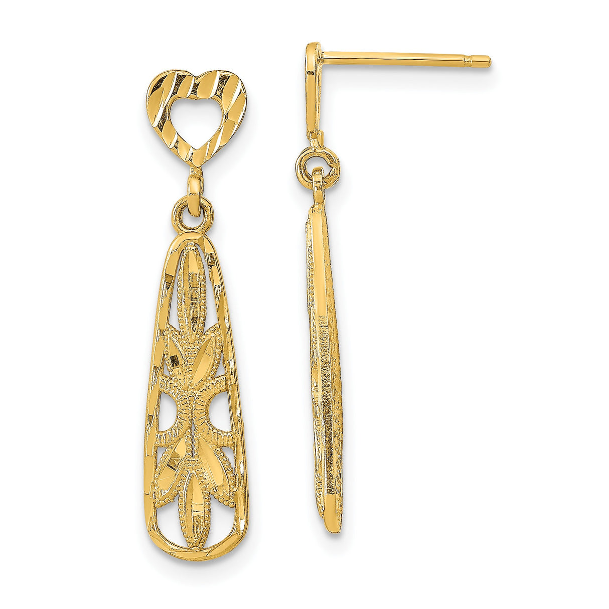 14k Yellow Gold Dangle Earrings with Cutout Heart Post and Floral Filigree Teardrop Design