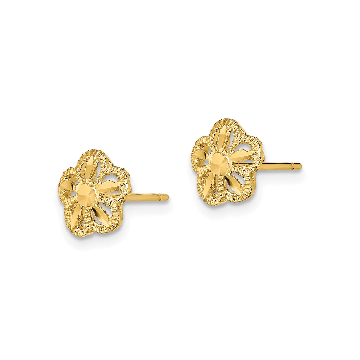 14k Yellow Gold Floral Stud Earrings with Textured Openwork Flower Design