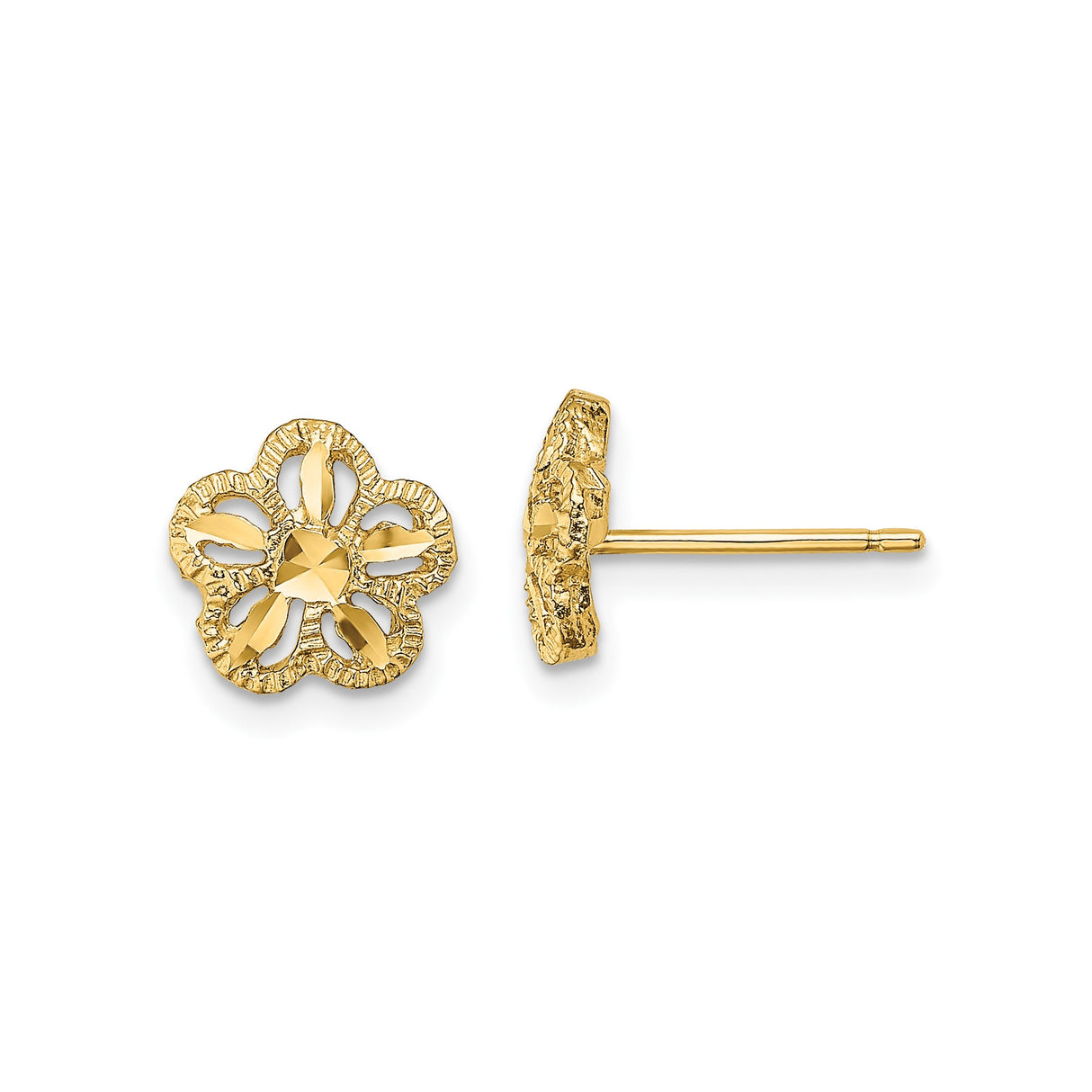 14k Yellow Gold Floral Stud Earrings with Textured Openwork Flower Design