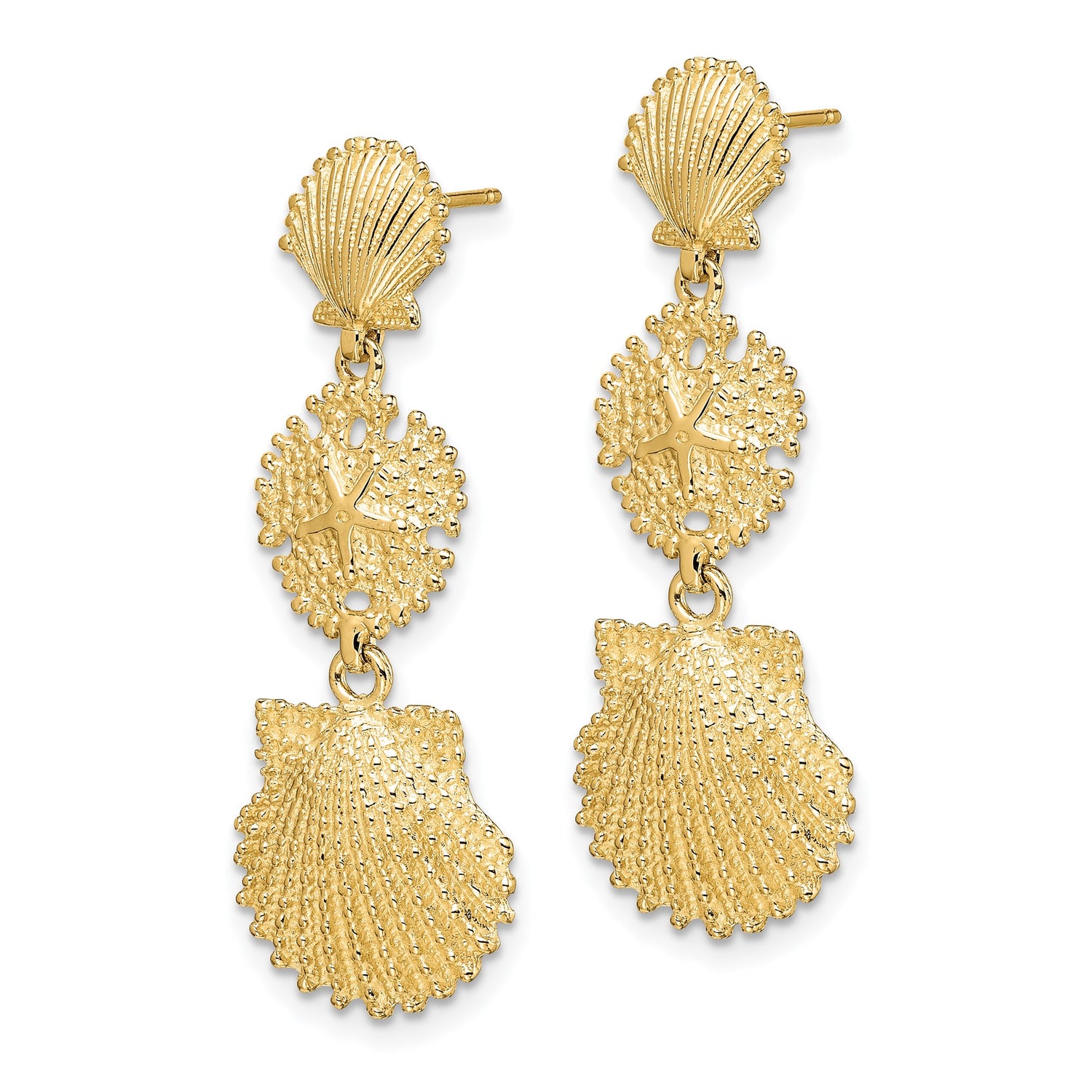 14k Yellow Gold Dangle Earrings with Seashell and Sand Dollar Motifs, Ocean-Inspired Beach Jewelry