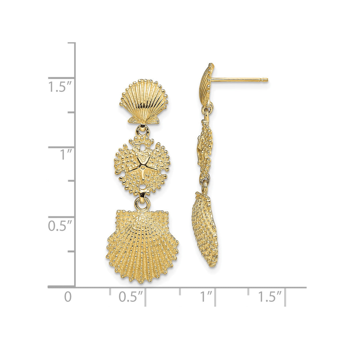 14k Yellow Gold Dangle Earrings with Seashell and Sand Dollar Motifs, Ocean-Inspired Beach Jewelry