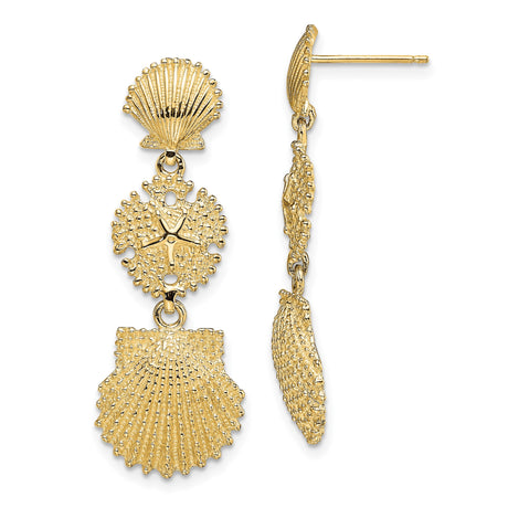 14k Yellow Gold Dangle Earrings with Seashell and Sand Dollar Motifs, Ocean-Inspired Beach Jewelry