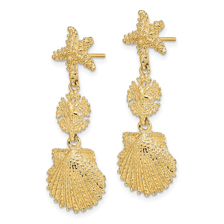14k Yellow Gold Dangle Earrings with Starfish, Sand Dollar, and Seashell Charms, Nautical Style