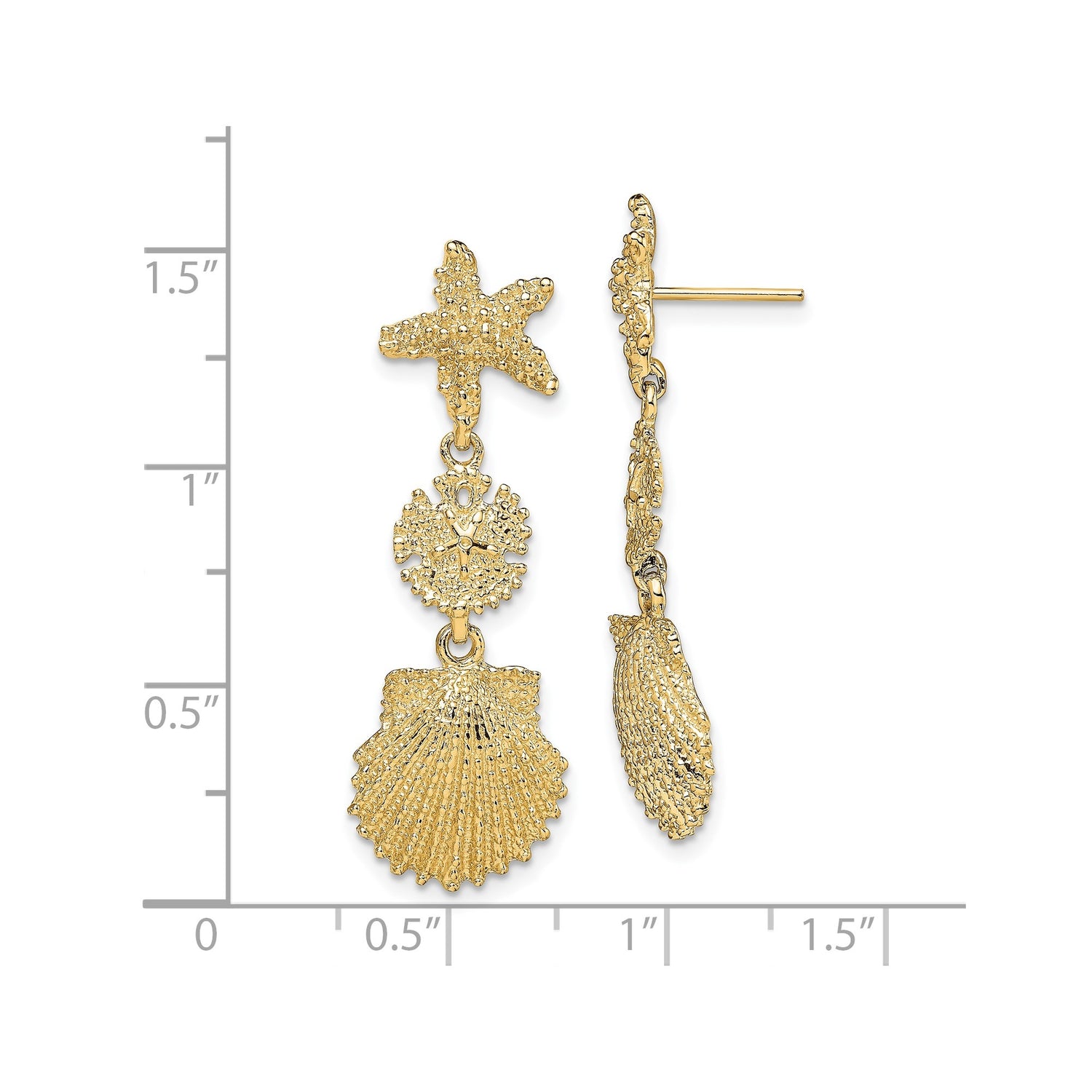 14k Yellow Gold Dangle Earrings with Starfish, Sand Dollar, and Seashell Charms, Nautical Style