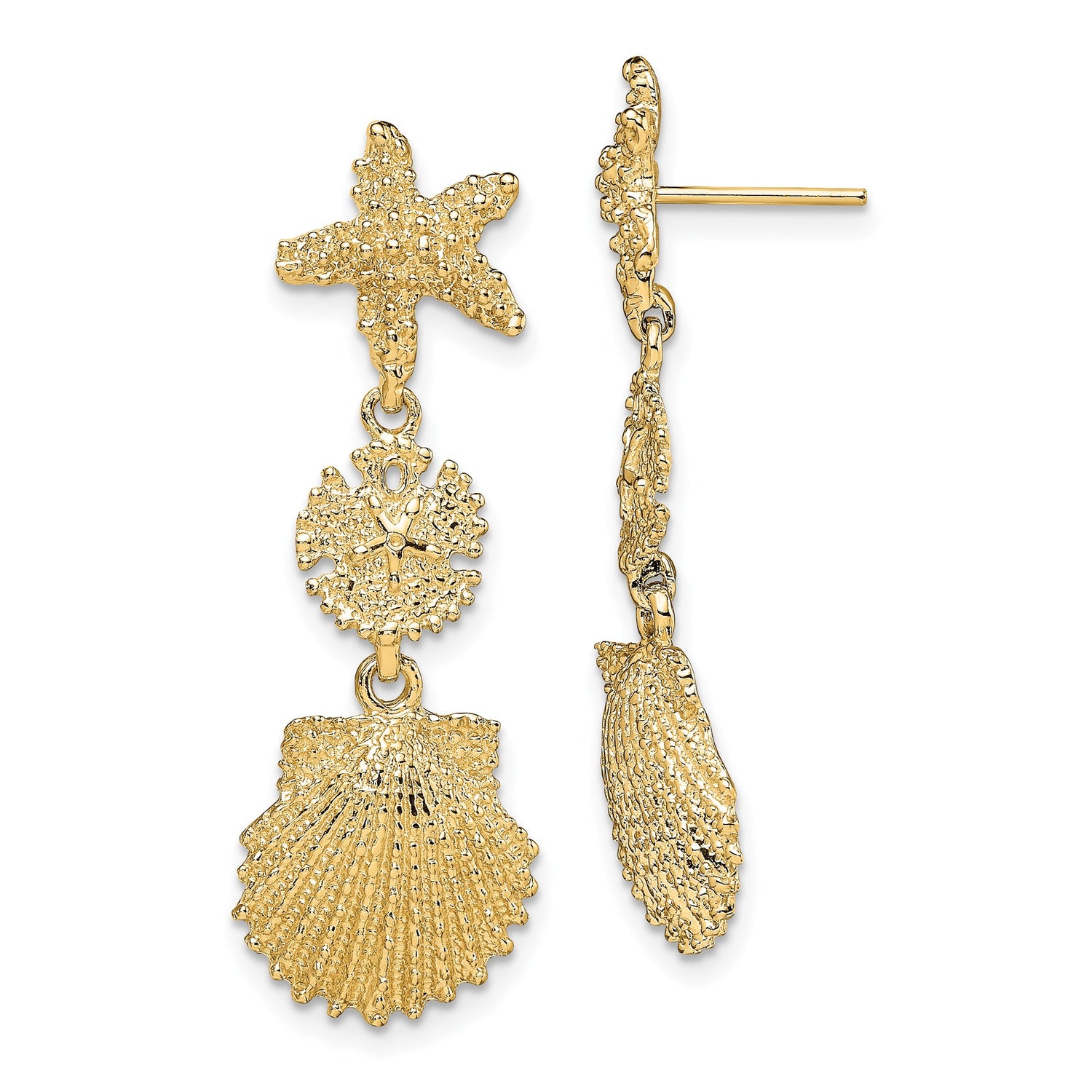14k Yellow Gold Dangle Earrings with Starfish, Sand Dollar, and Seashell Charms, Nautical Style