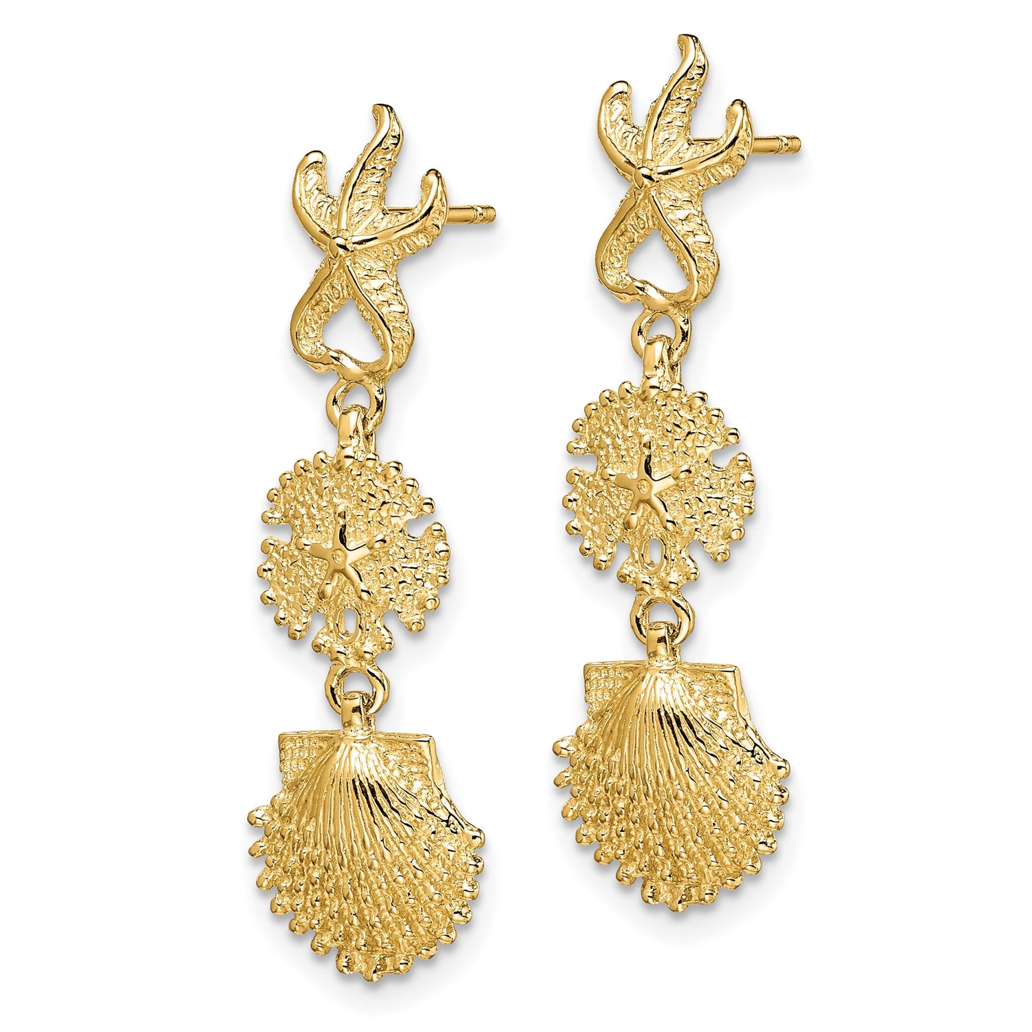 14k Yellow Gold Dangle Earrings with Starfish, Sand Dollar, and Scallop Shell Design