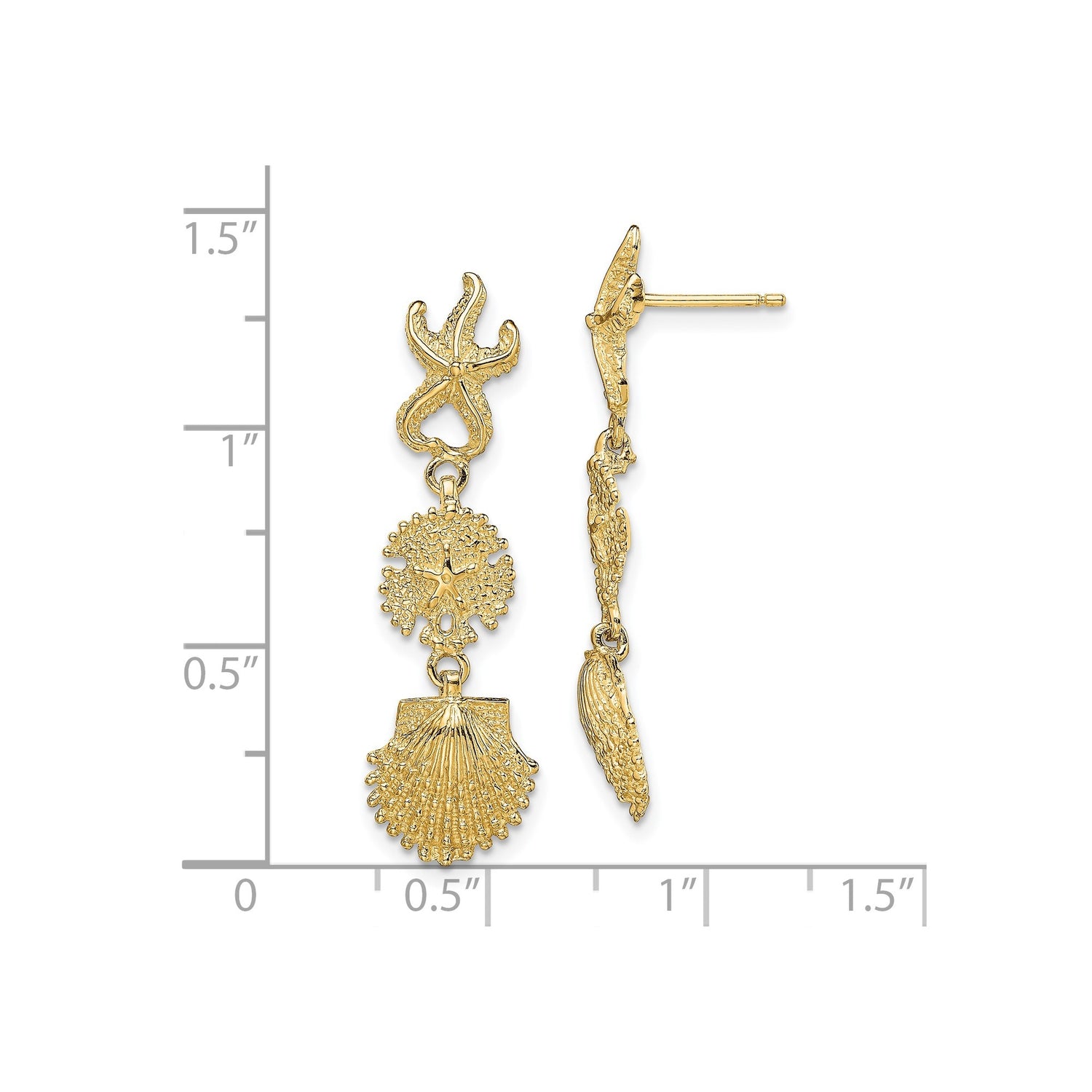 14k Yellow Gold Dangle Earrings with Starfish, Sand Dollar, and Scallop Shell Design
