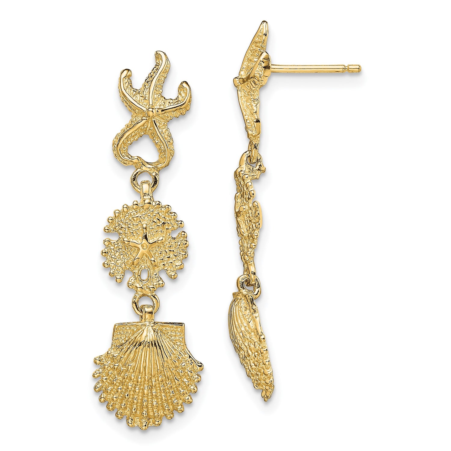 14k Yellow Gold Dangle Earrings with Starfish, Sand Dollar, and Scallop Shell Design