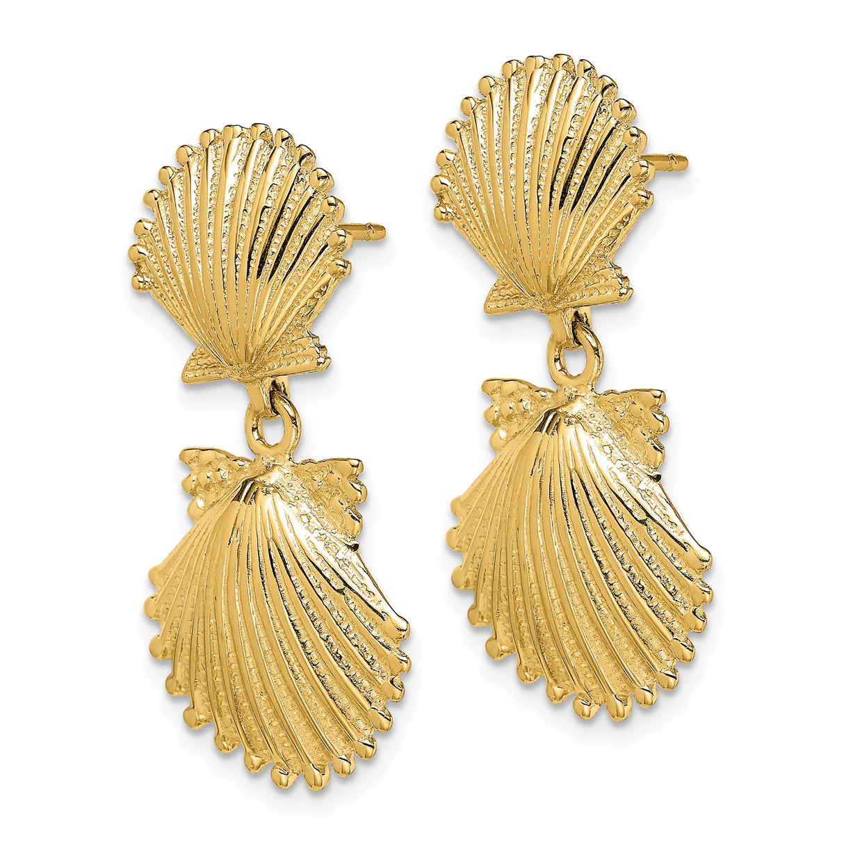 14k Yellow Gold Dangle Earrings with Double Scallop Shells, Textured Nautical Ocean Design