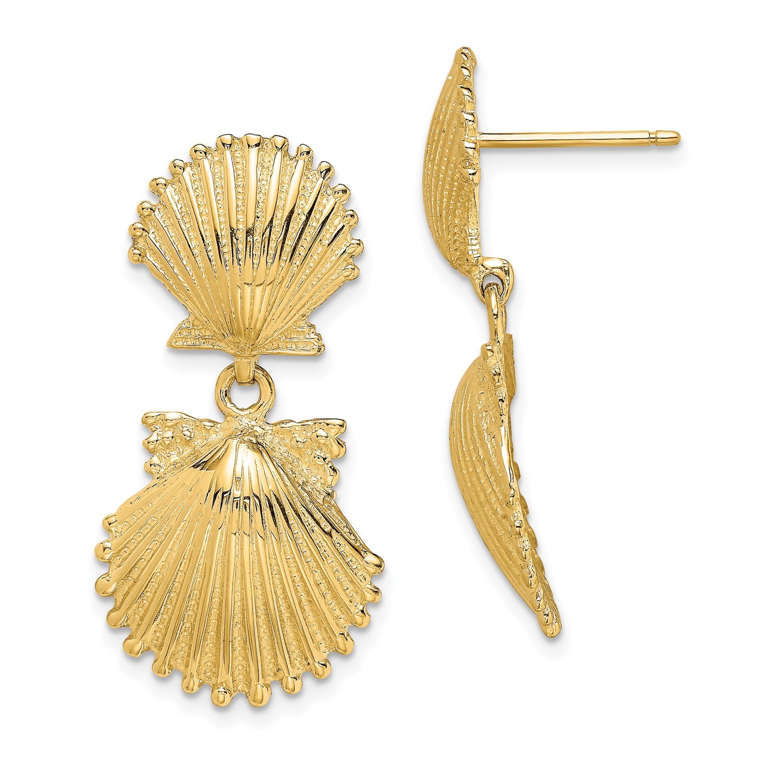 14k Yellow Gold Dangle Earrings with Double Scallop Shells, Textured Nautical Ocean Design