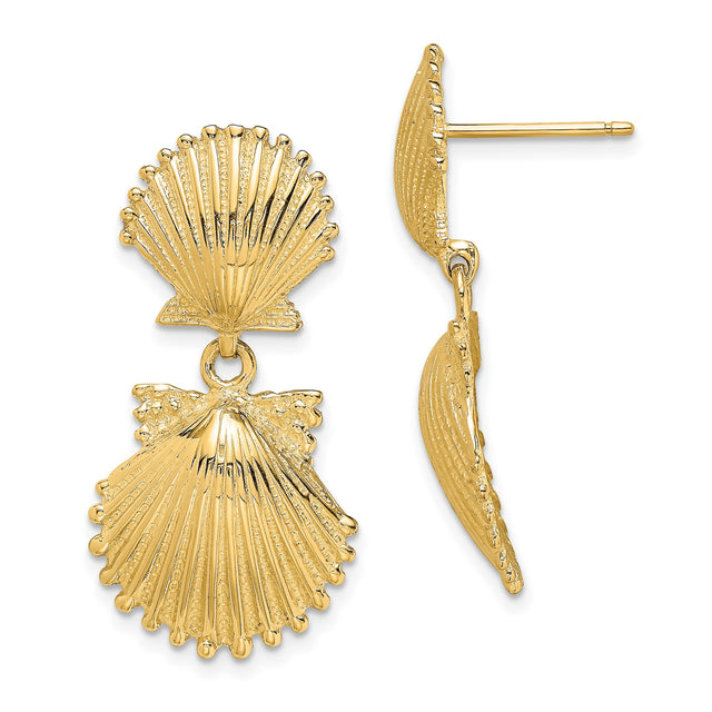 14k Yellow Gold Dangle Earrings with Double Scallop Shells, Textured Nautical Ocean Design